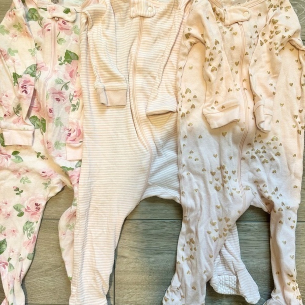 3 Baby Sleepers Set - Floral, stripes, and Heart Patterns